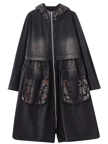 Women's Plus Size Vintage Zipper Denim Trench Coat with Big Pockets