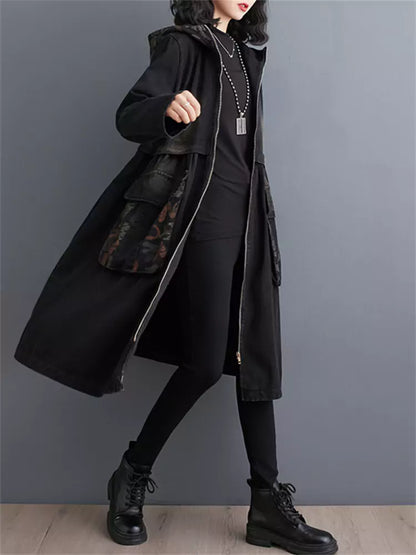 Women's Plus Size Vintage Zipper Denim Trench Coat with Big Pockets