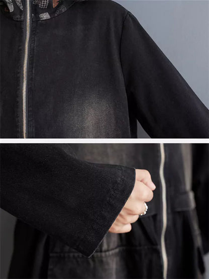 Women's Plus Size Vintage Zipper Denim Trench Coat with Big Pockets