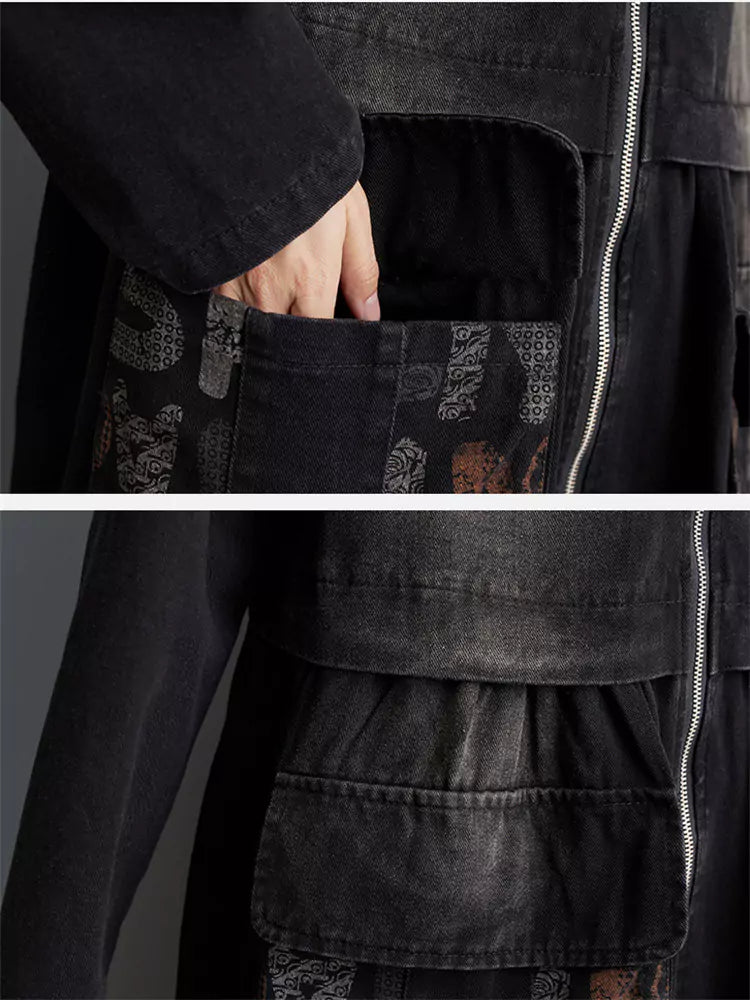 Women's Plus Size Vintage Zipper Denim Trench Coat with Big Pockets