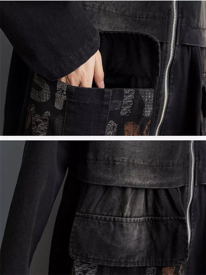 Women's Plus Size Vintage Zipper Denim Trench Coat with Big Pockets