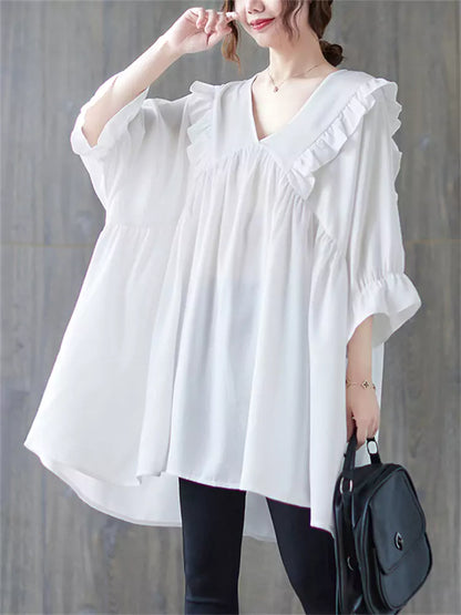 Plus Size White Ruffle Trim Blouse 