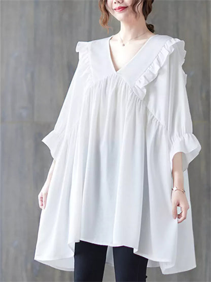 Plus Size White Ruffle Trim Blouse 