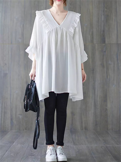 Plus Size White Ruffle Trim Blouse 
