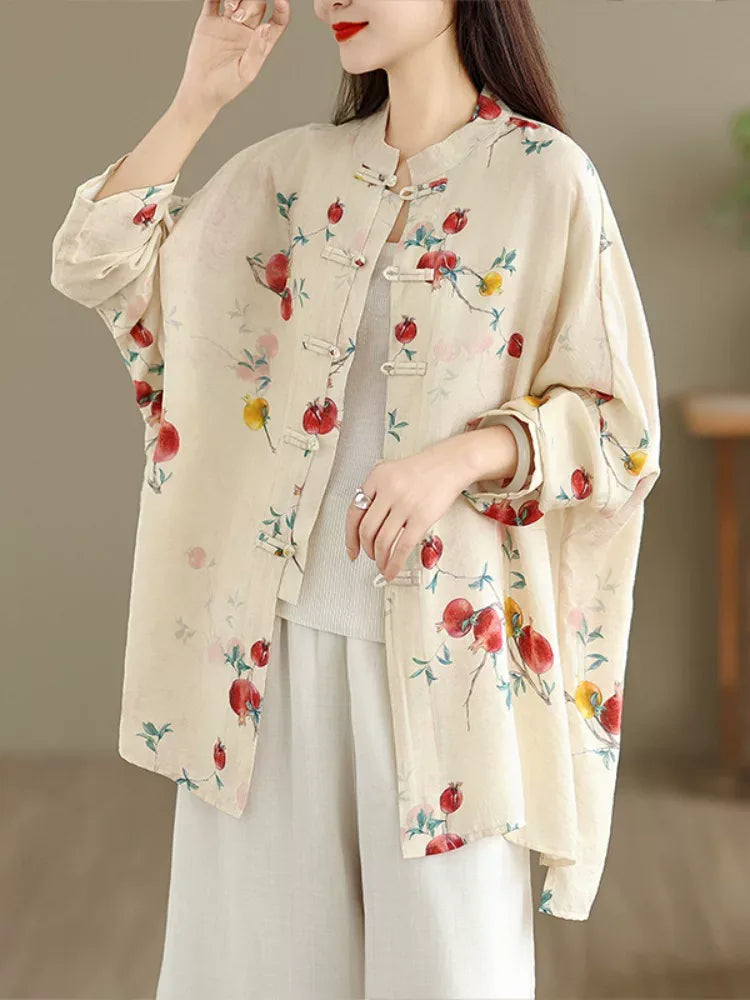 Pomegranate Print Frog Button Mandarin Collar Long Sleeve Shirt