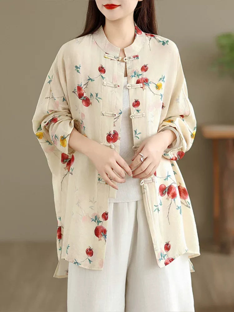 Pomegranate Print Frog Button Mandarin Collar Long Sleeve Shirt