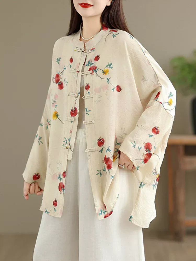 Pomegranate Print Frog Button Mandarin Collar Long Sleeve Shirt