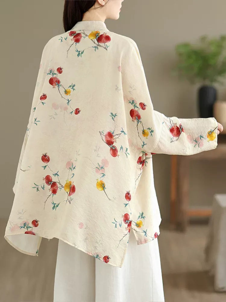 Pomegranate Print Frog Button Mandarin Collar Long Sleeve Shirt