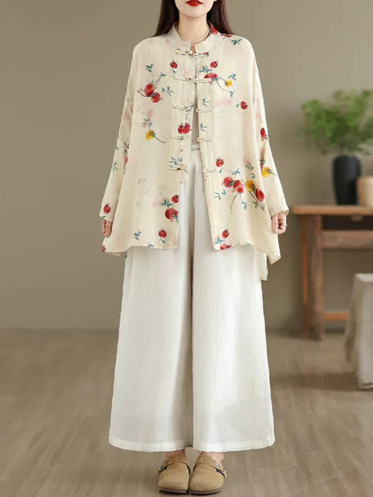Pomegranate Print Frog Button Mandarin Collar Long Sleeve Shirt