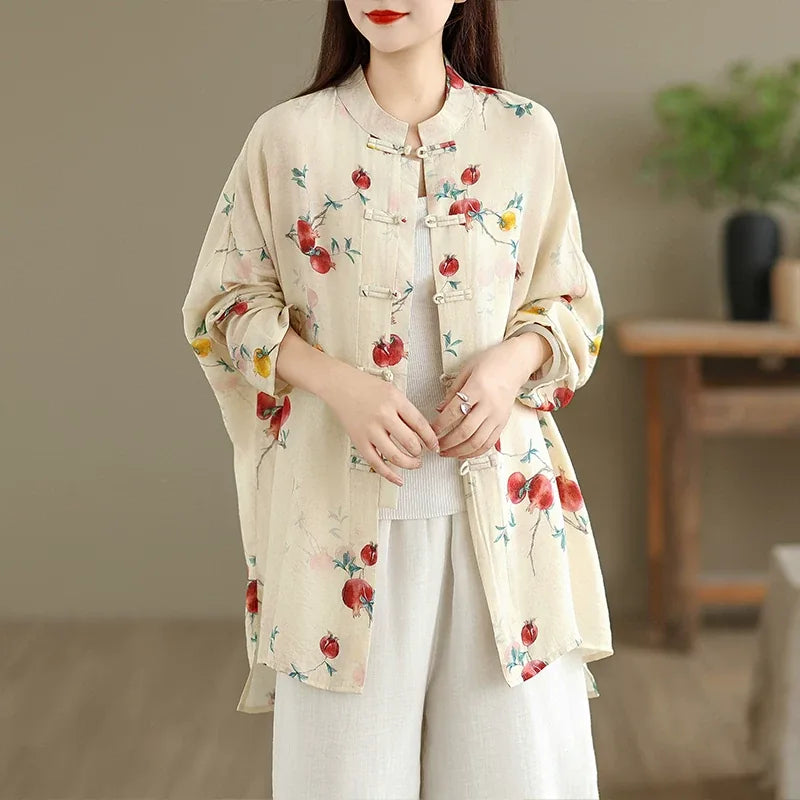 Pomegranate Print Frog Button Mandarin Collar Long Sleeve Shirt