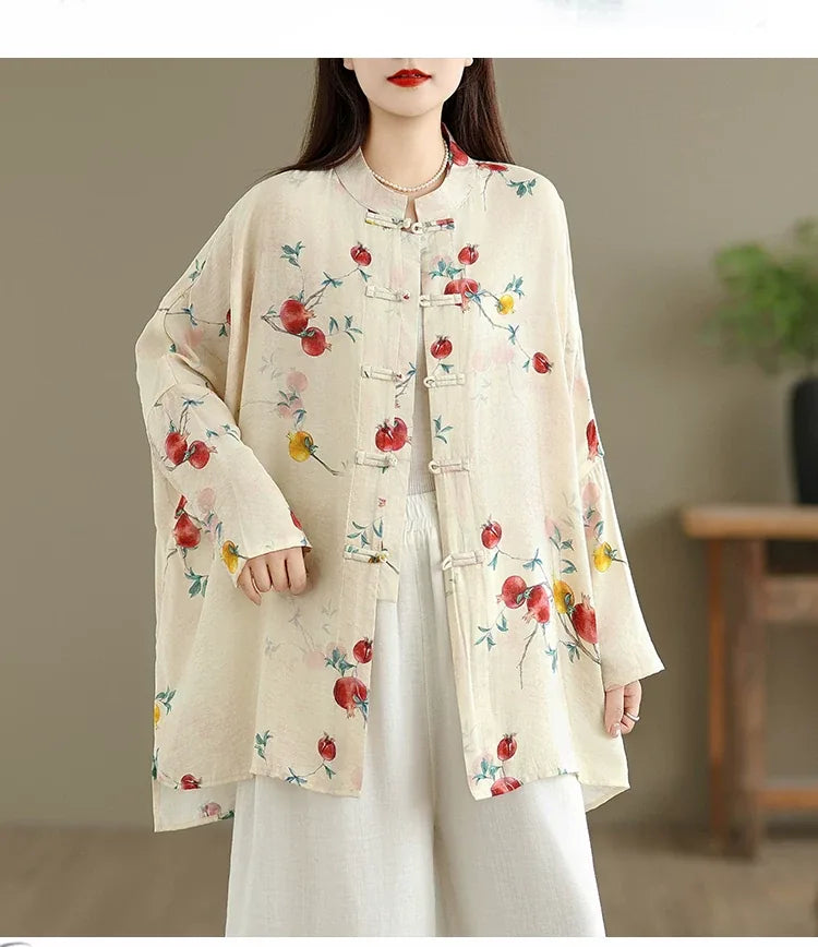 Pomegranate Print Frog Button Mandarin Collar Long Sleeve Shirt