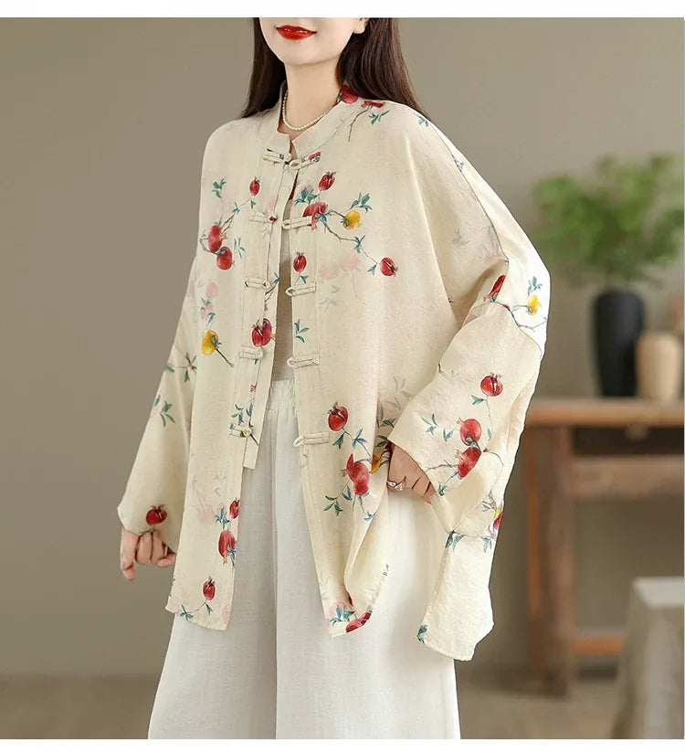 Pomegranate Print Frog Button Mandarin Collar Long Sleeve Shirt