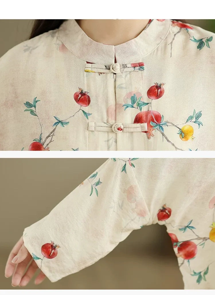 Pomegranate Print Frog Button Mandarin Collar Long Sleeve Shirt