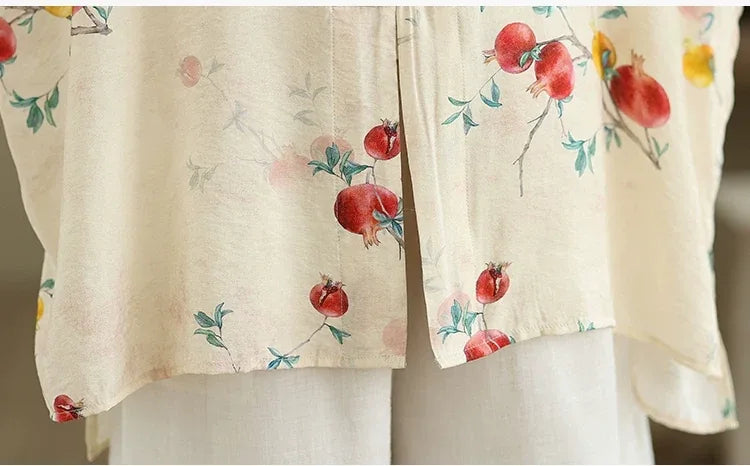 Pomegranate Print Frog Button Mandarin Collar Long Sleeve Shirt