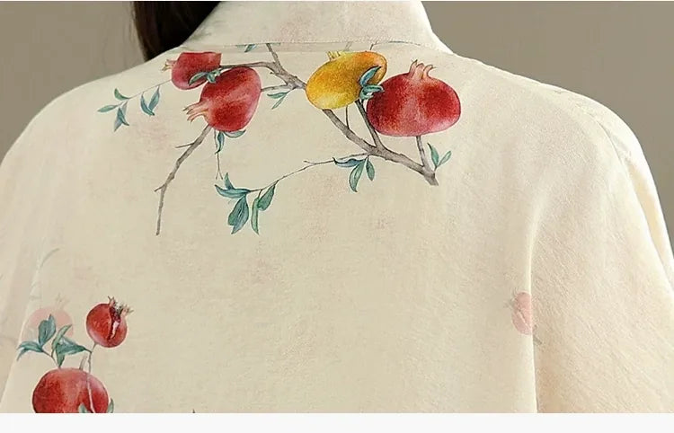 Pomegranate Print Frog Button Mandarin Collar Long Sleeve Shirt