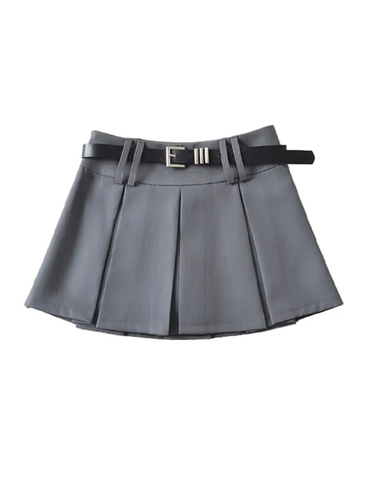 Preppy Belted High Waist Pleated Mini Skirt