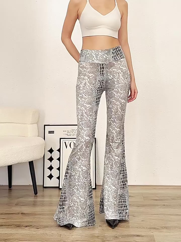 High-Waist Snake Print High Elasticity Flared Pants with Gold Foil Extended Length