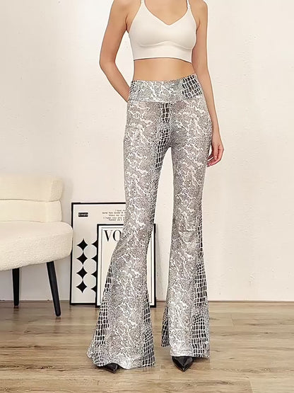 Pantalones acampanados de cintura alta con estampado de serpiente y alta elasticidad, con largo extendido y estampado dorado.