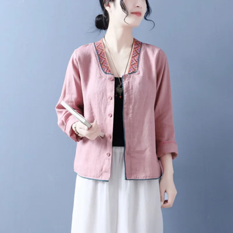 清仓捡漏~绣花棉麻开衫上衣女春秋款中国风复古宽松亚麻长袖衬衫 - color option view