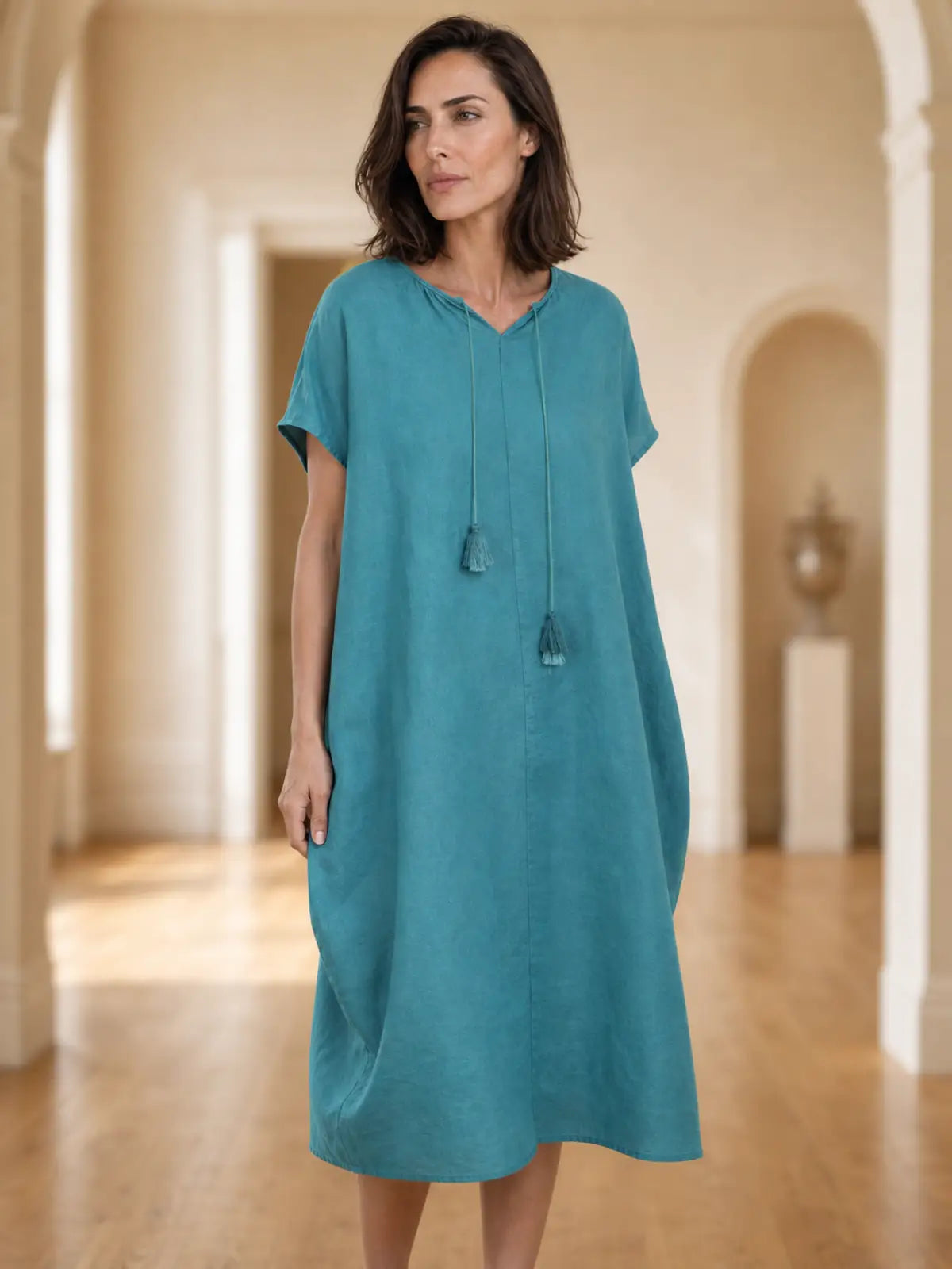 Pure Linen V-Neck Midi Dress with Tassel Trim - detail view