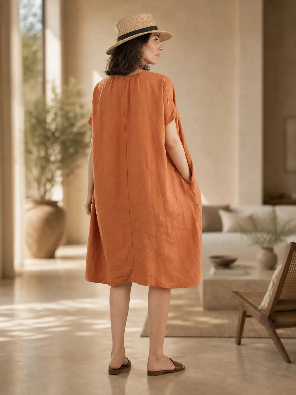 Pure Linen V-Neck Midi Dress with Tassel Trim - lifestyle view
