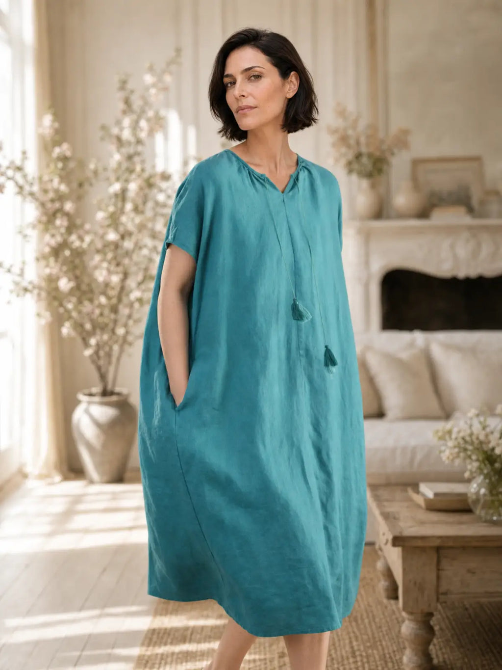 Pure Linen V-Neck Midi Dress with Tassel Trim - main model view