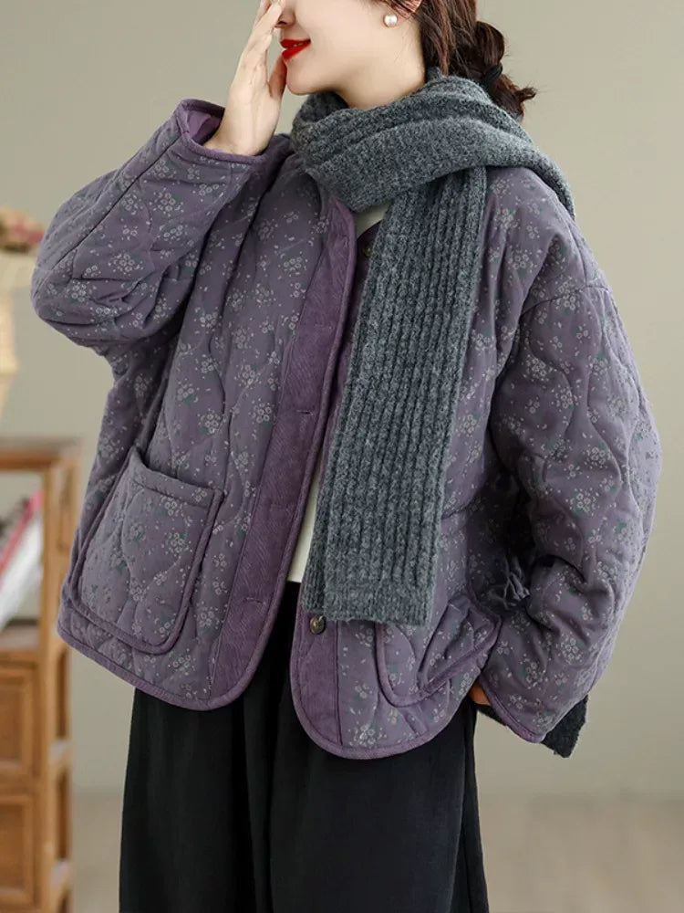 Purple Floral Quilted Padded Jacket Round Neck