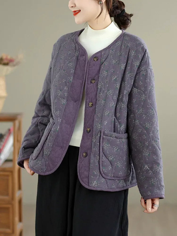 Purple Floral Quilted Padded Jacket Round Neck