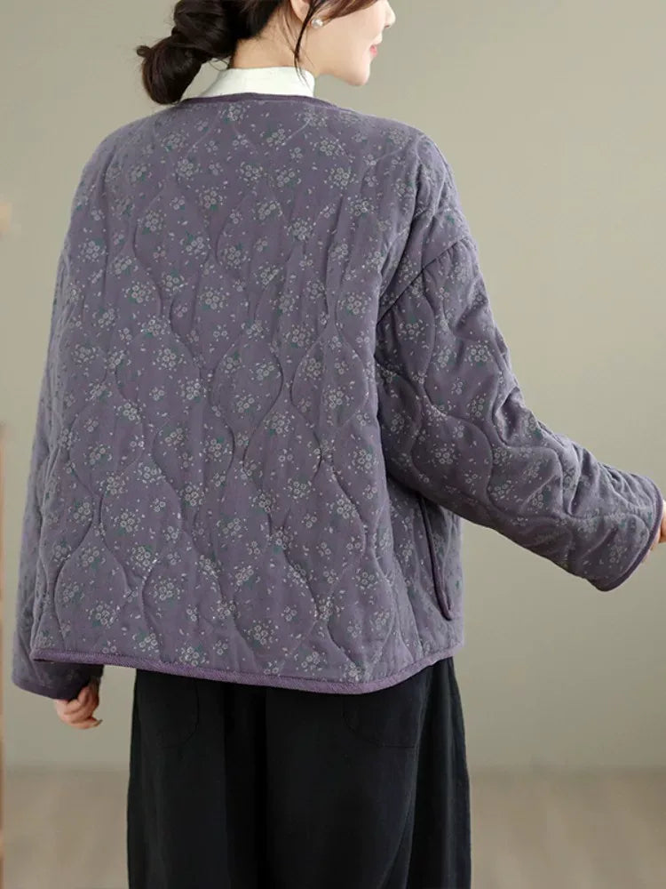 Purple Floral Quilted Padded Jacket Round Neck