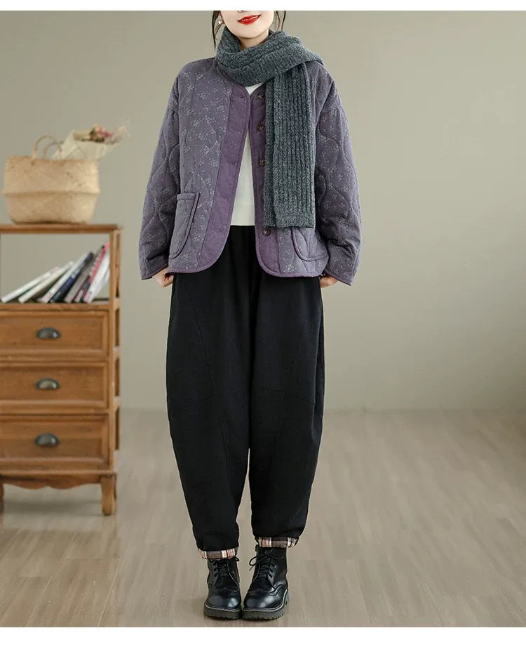 Purple Floral Quilted Padded Jacket Round Neck