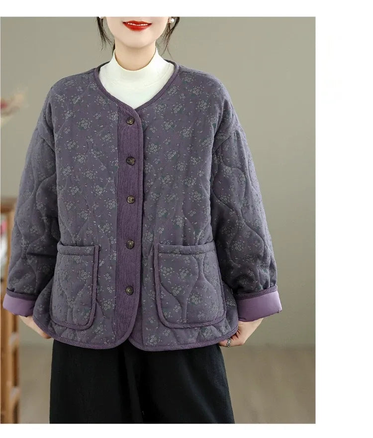 Purple Floral Quilted Padded Jacket Round Neck