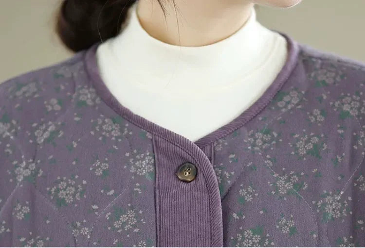 Purple Floral Quilted Padded Jacket Round Neck