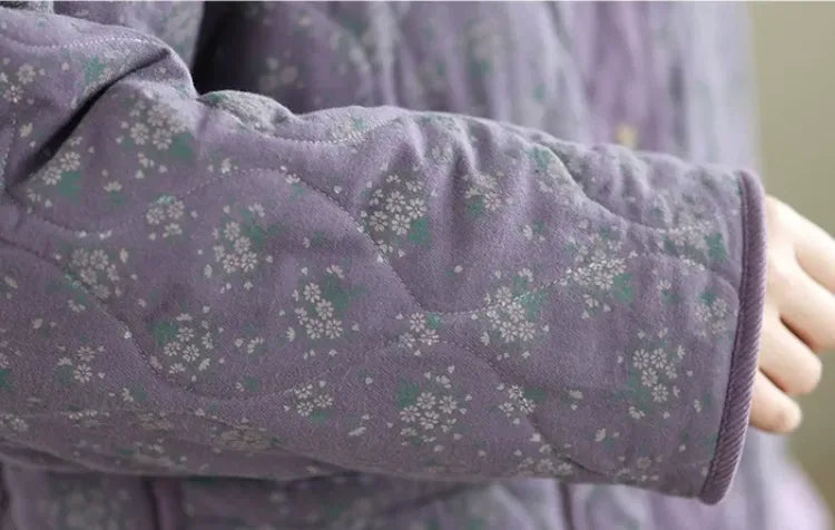 Purple Floral Quilted Padded Jacket Round Neck