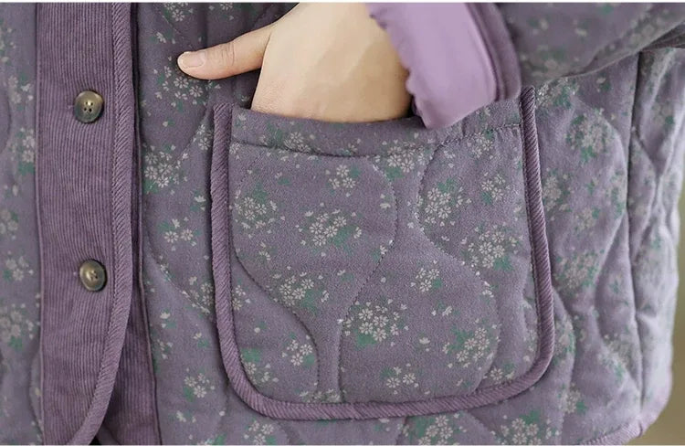 Purple Floral Quilted Padded Jacket Round Neck