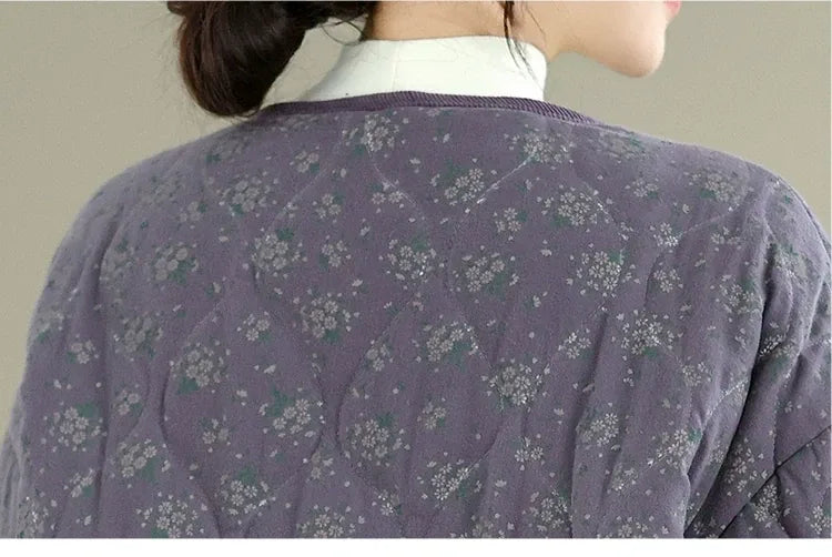 Purple Floral Quilted Padded Jacket Round Neck