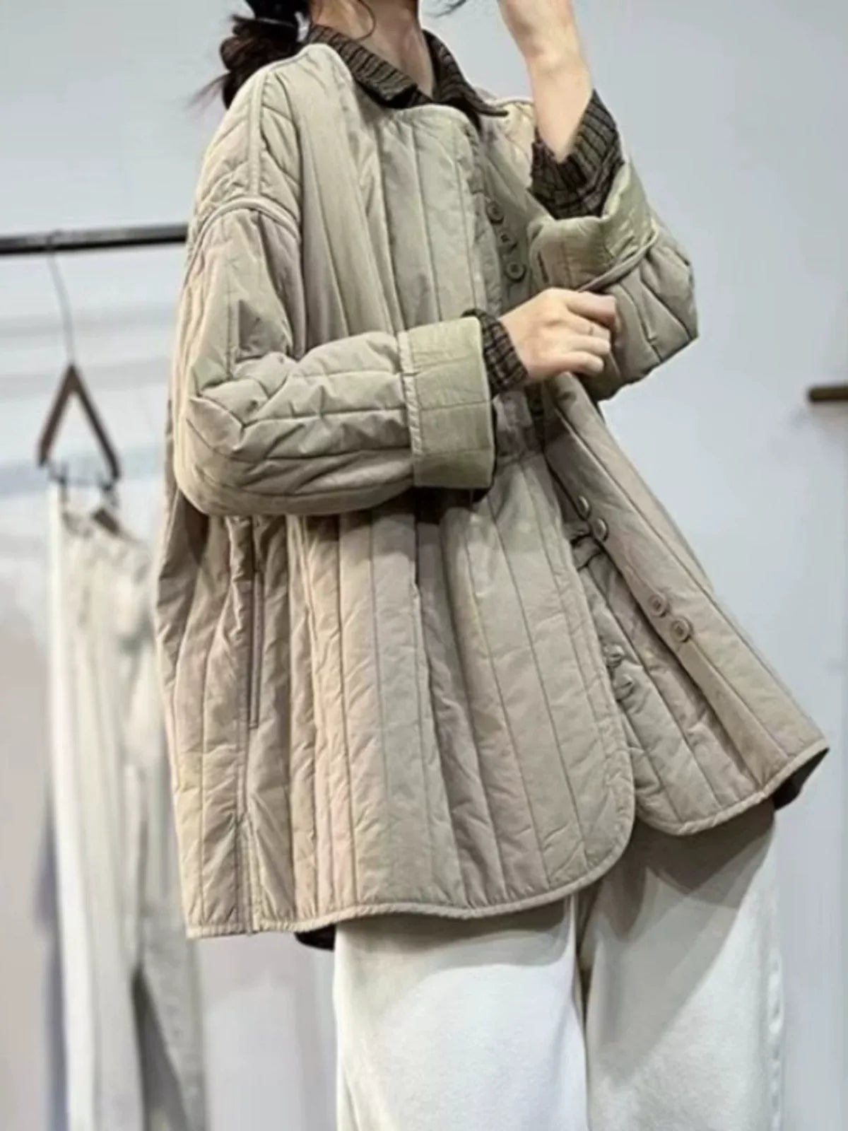 Quilted Channel-Stitched Jacket with Stand Collar