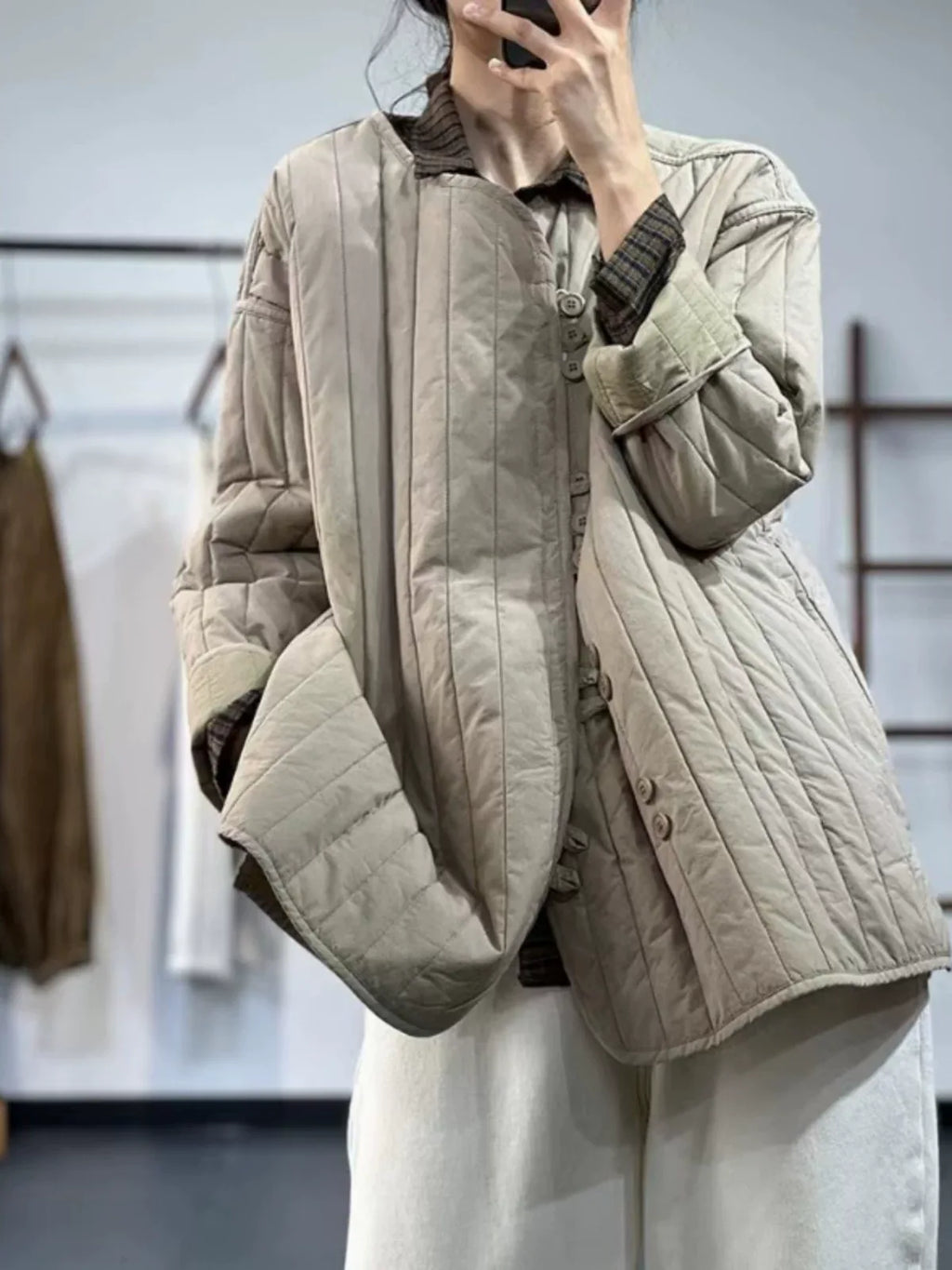 Quilted Channel-Stitched Jacket with Stand Collar