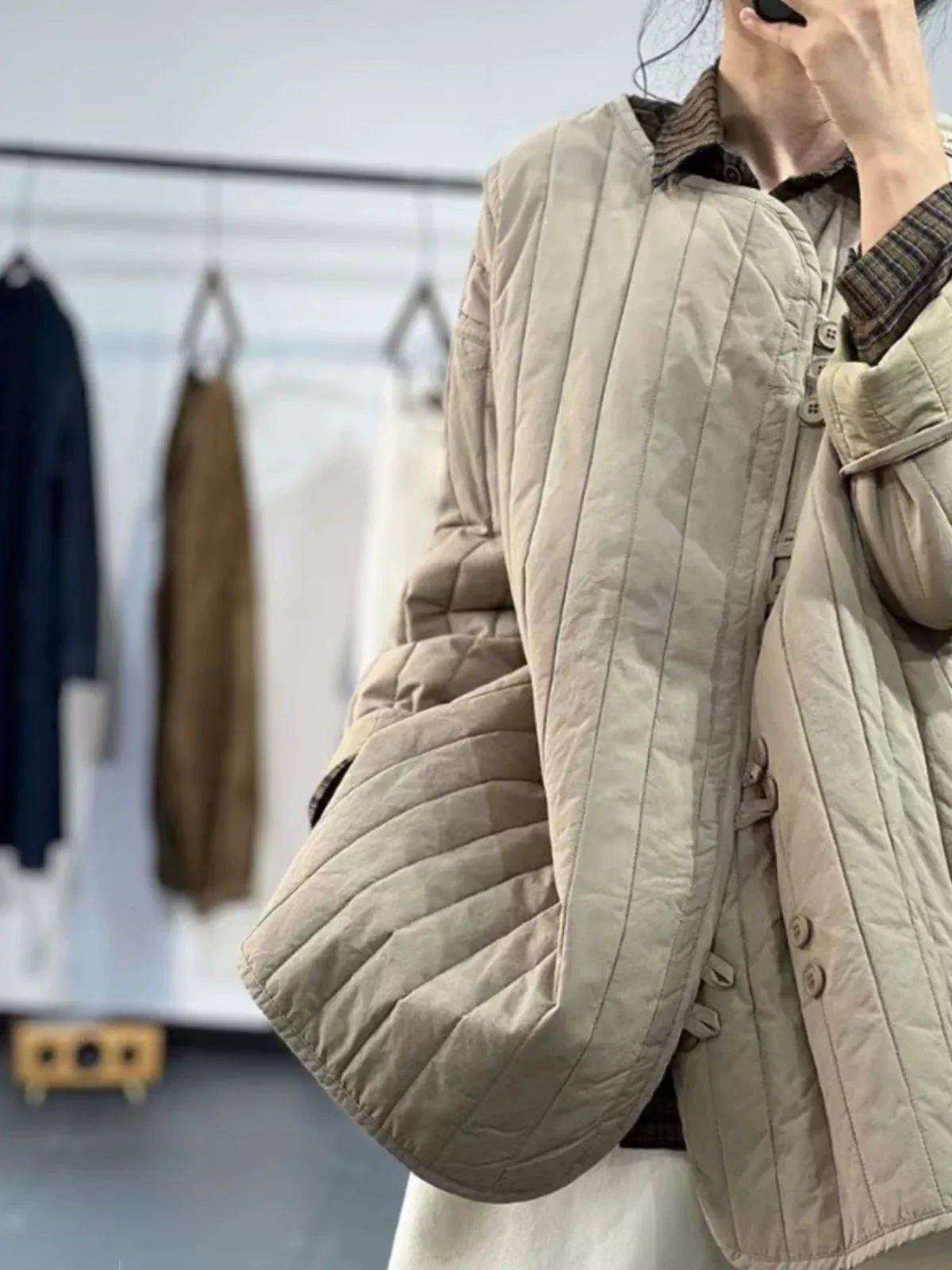 Quilted Channel-Stitched Jacket with Stand Collar