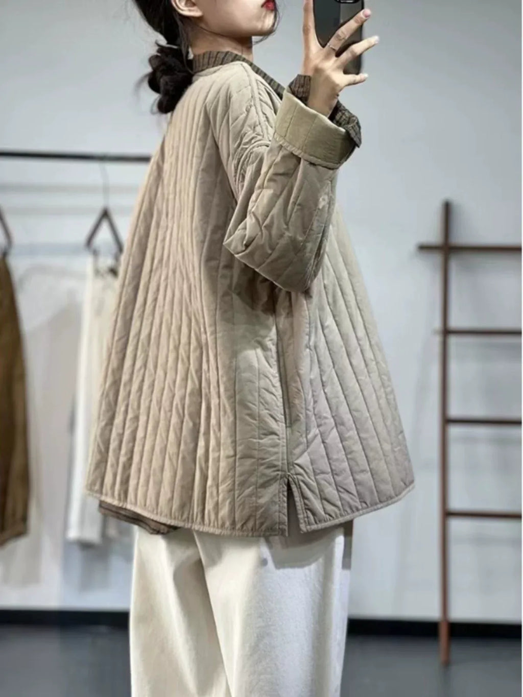 Quilted Channel-Stitched Jacket with Stand Collar