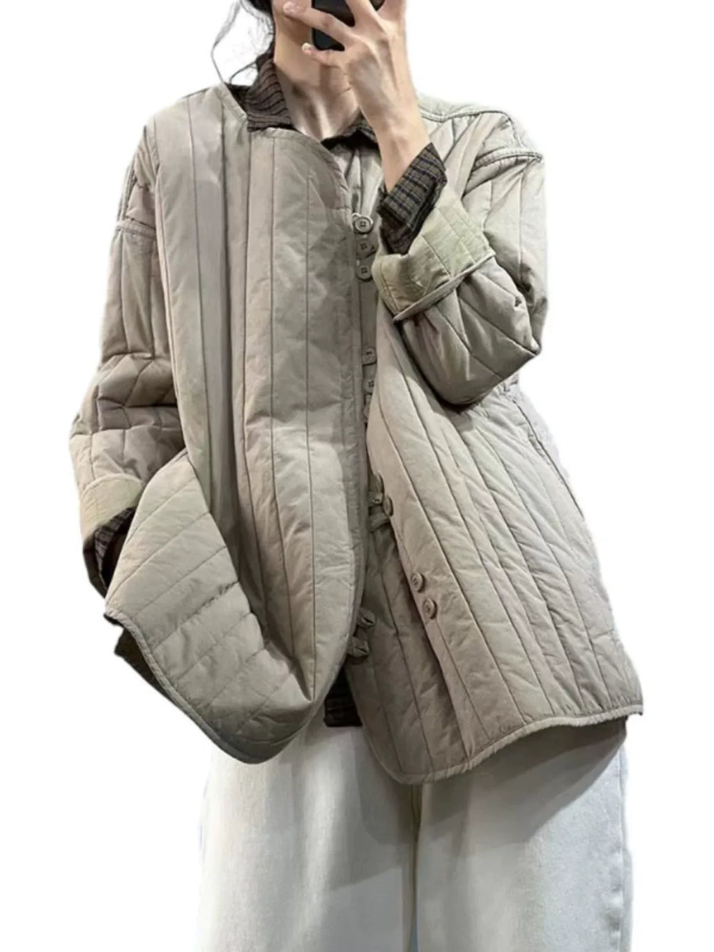 Quilted Channel-Stitched Jacket with Stand Collar