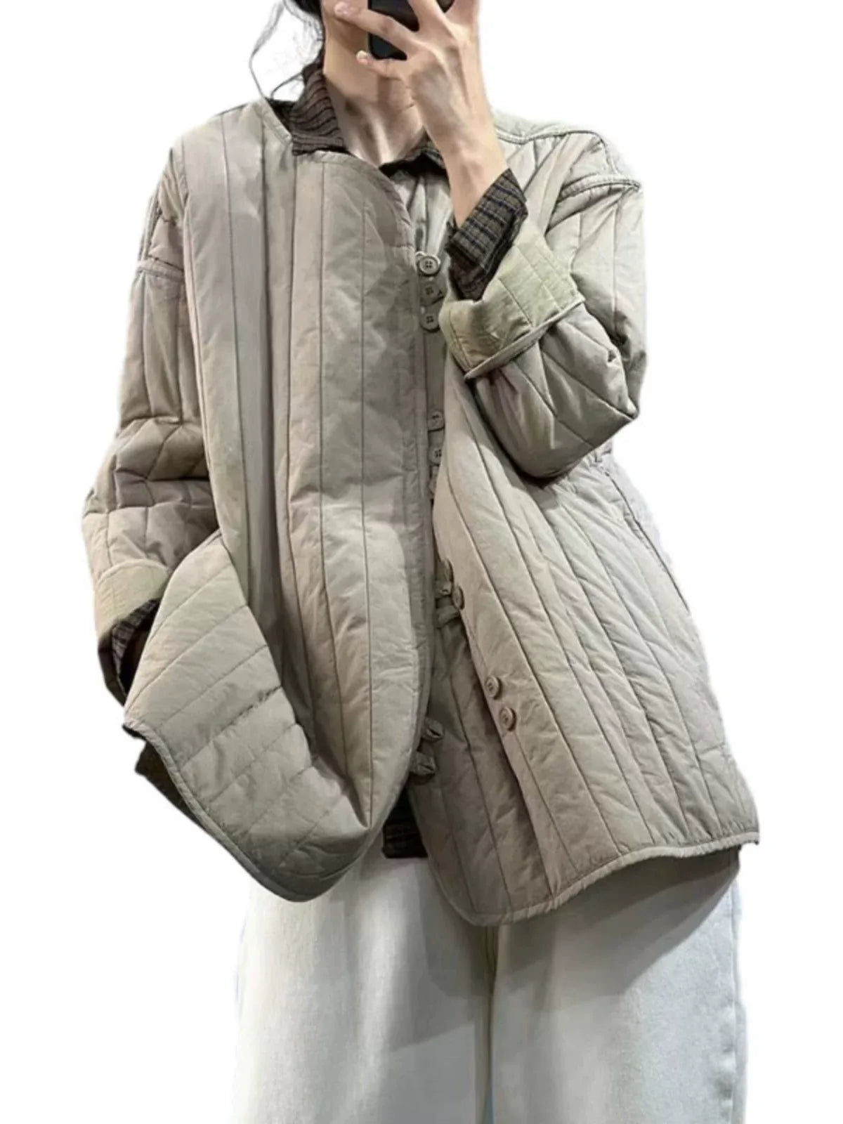 Quilted Channel-Stitched Jacket with Stand Collar