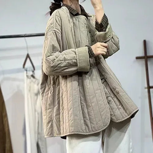 Quilted Channel-Stitched Jacket with Stand Collar