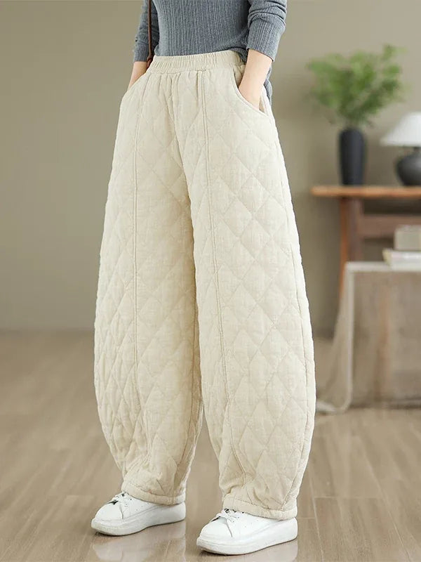 Quilted Diamond Balloon-Leg Pants Elastic Waist Cuffed Ankle