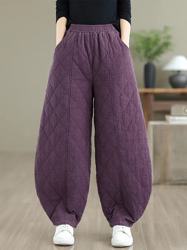 Quilted Diamond Balloon-Leg Pants Elastic Waist Cuffed Ankle