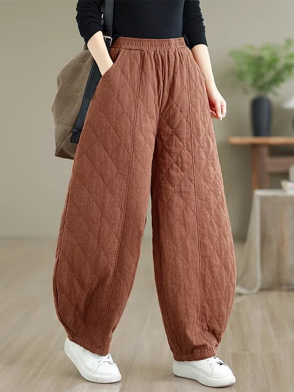 Quilted Diamond Balloon-Leg Pants Elastic Waist Cuffed Ankle