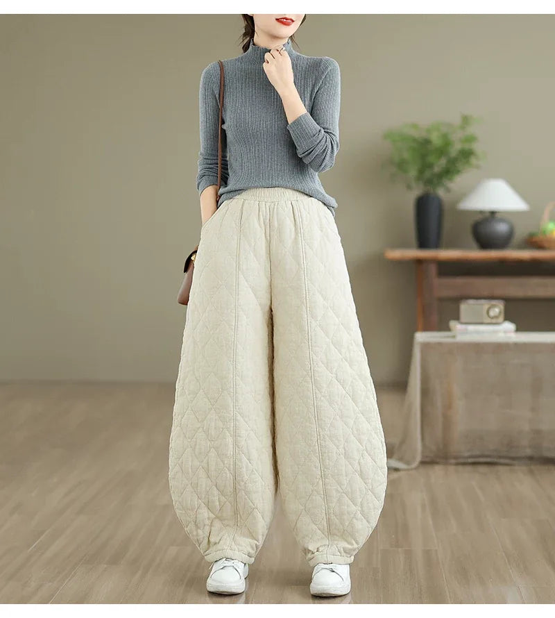 Quilted Diamond Balloon-Leg Pants Elastic Waist Cuffed Ankle