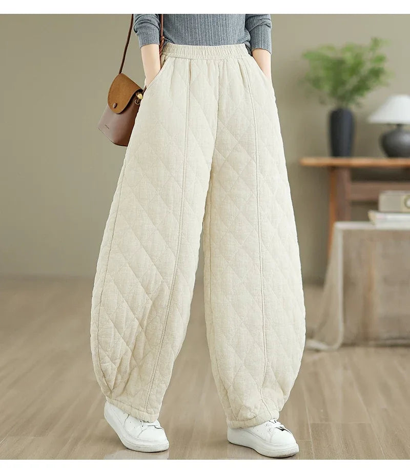 Quilted Diamond Balloon-Leg Pants Elastic Waist Cuffed Ankle