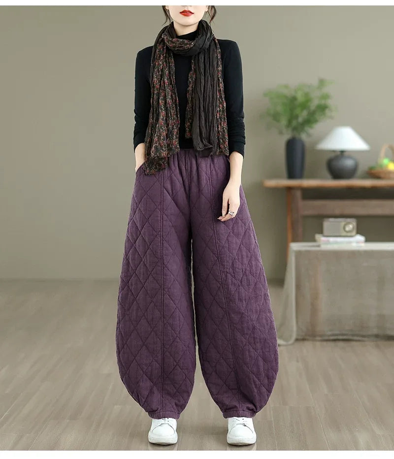 Quilted Diamond Balloon-Leg Pants Elastic Waist Cuffed Ankle