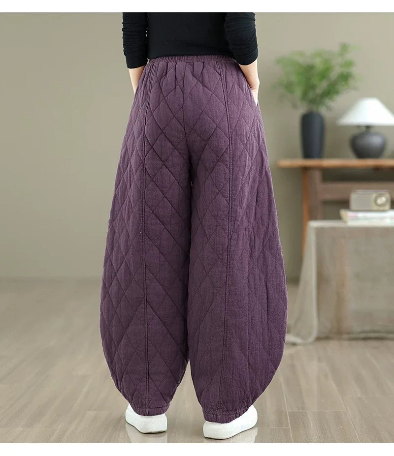 Quilted Diamond Balloon-Leg Pants Elastic Waist Cuffed Ankle