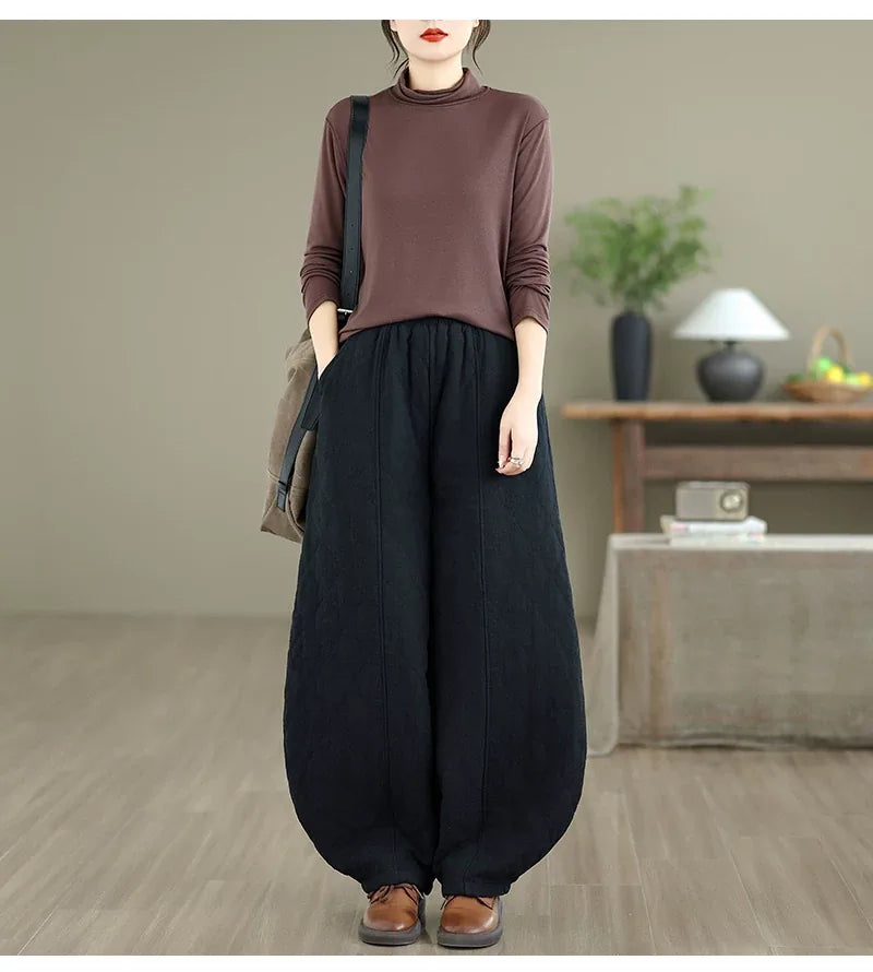 Quilted Diamond Balloon-Leg Pants Elastic Waist Cuffed Ankle